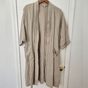 Eileen Fisher Organic Linen Longline Cardigan Open Front Tan Lagenlook